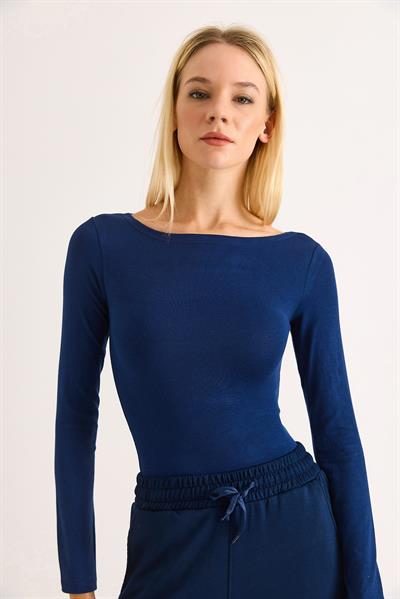 Geniş Yaka Rahat Uzun Kollu Bluz Lacivert