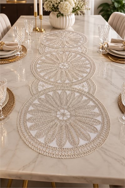 Yuvalar Desenli Motifli 7 Parça Runner Set Bej