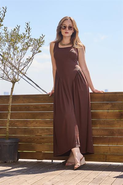 Bel Büzglü Kalın Askılı Elbise Kahverengi