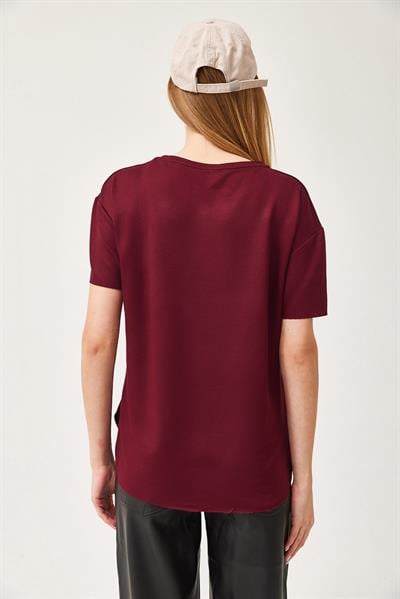 Oysh Yumuşak Dokulu Eteği Oval Modal Tshirt Bordo