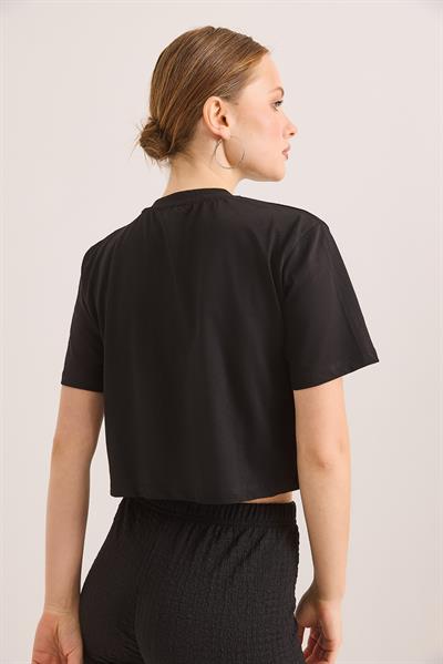 Nakışlı Örme Pamuk Crop Tshirt Siyah