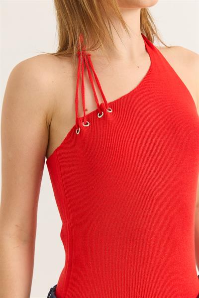 Tek Omuz Boyun Detaylı Triko Bluz Nar Çiçeği