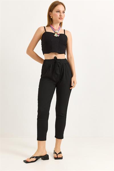 Bağlama Detaylı Bürümcük Örme Pantalon Siyah