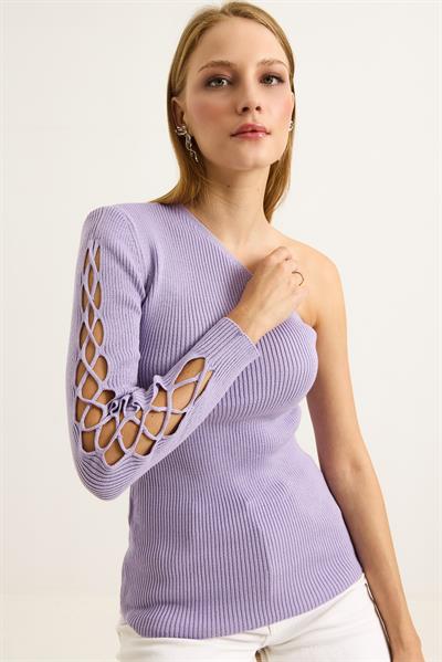 Tek Omuz Kolu Detaylı Fitilli Bluz Lila