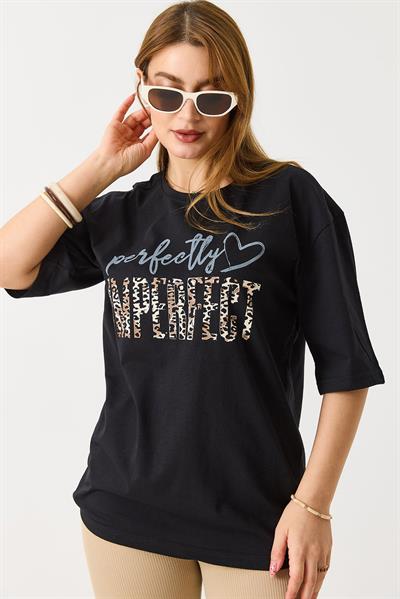 Kadın Bol Kesim Bisiklet Yaka Kısa Kol Tshirt Siyah