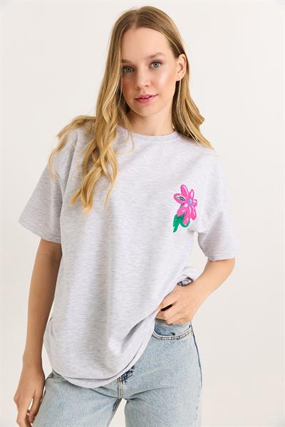 Baskılı Bisiklet Yaka Basic Tshirt Gri