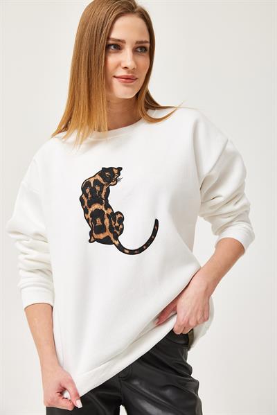 Leopar Baskılı Üç İplik Şardonlu Sweatshirt Beyaz