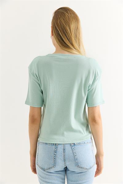 Vatkalı Bisiklet Yaka Basic Tshirt Su Yeşili