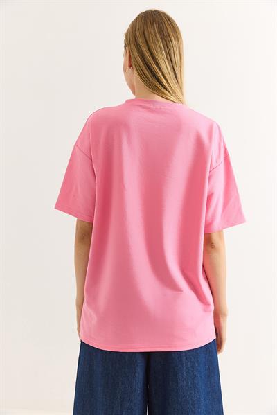 Ayıcık Nakışlı Rahat Kalıplı Tshirt Pembe