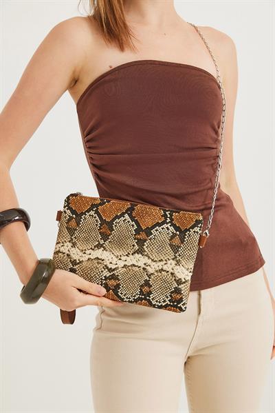 Deri Görünümlü Zincir Askılı El Ve Omuz Çantası Kahverengi