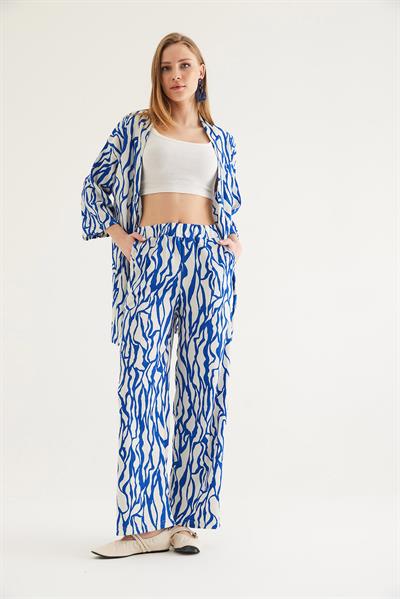 Kimono Pantolon Krinkıl Kadın İkili Takım Mavi