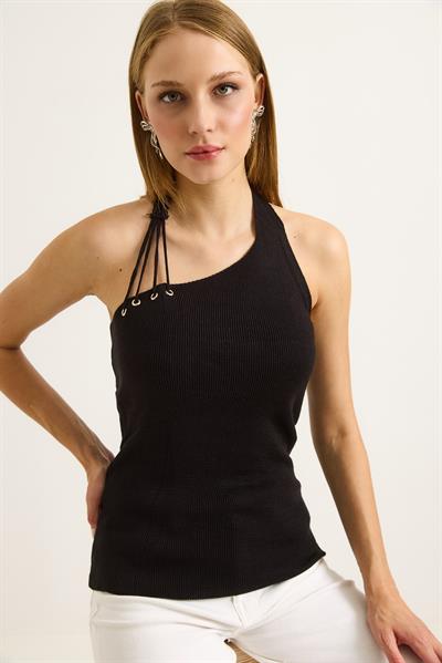 Tek Omuz Boyun Detaylı Triko Bluz Siyah