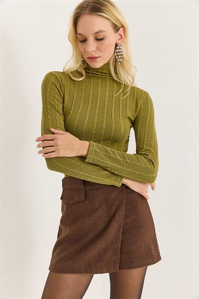 Kadın Balıkçı Yaka Triko Esnek Kazak Yağ Yeşili