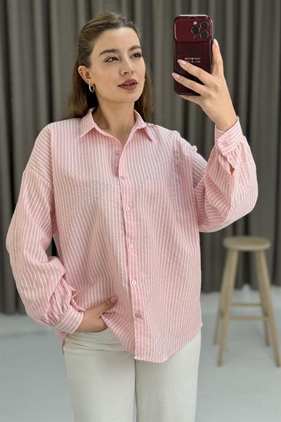 Kadın Uzun Kollu Oversize Gömlek Pembe
