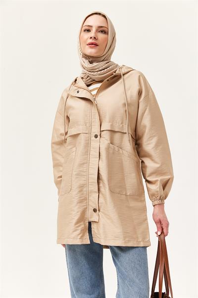Çıtçıtlı Kapüşonlu Yağmurluk Bej