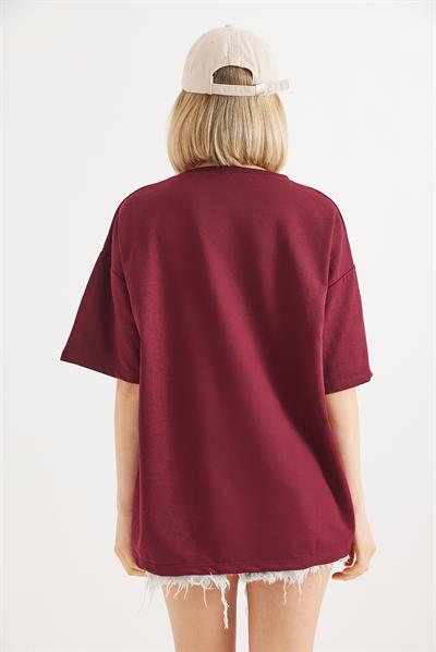 Nakışlı Bisiklet Yaka Tshirt Bordo