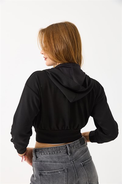 Bel Detaylı Fermuarlı Üç İplik Crop Sweatshirt Siyah