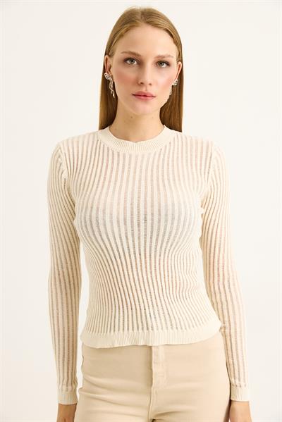 Bisiklet Yaka Triko Örme Bluz Ekru