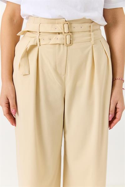 Kadın Çift Kemerli Salaş Kesim Bol Paça Pantolon Bej 