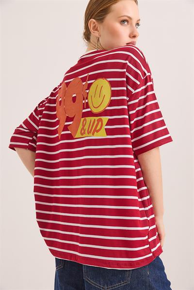 Karikatür Up Baskılı Çizgili Salaş Tshirt Kırmızı