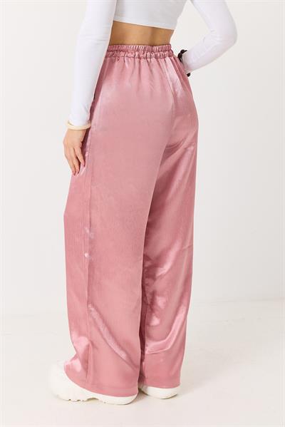Kadın Saten Bol Kesim Salaş Beli Lastikli Pantolon Pembe