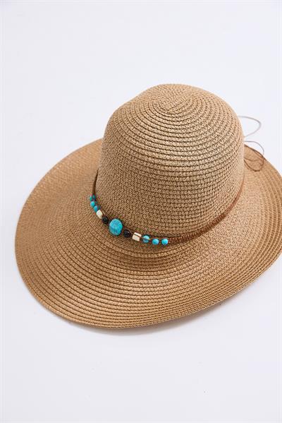 Boncuk Detaylı Hasır Kadın Plaj Şapkası Vizon