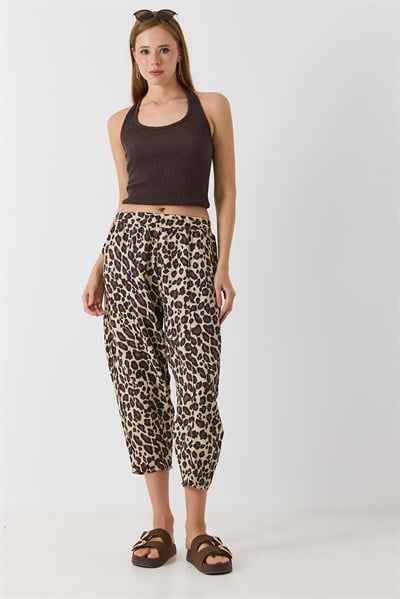 Kadın Beli Lastikli Havuç Kesim Pantolon Leopar