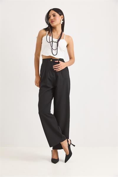 Yüksek Bel Bol Paça Pantalon Siyah