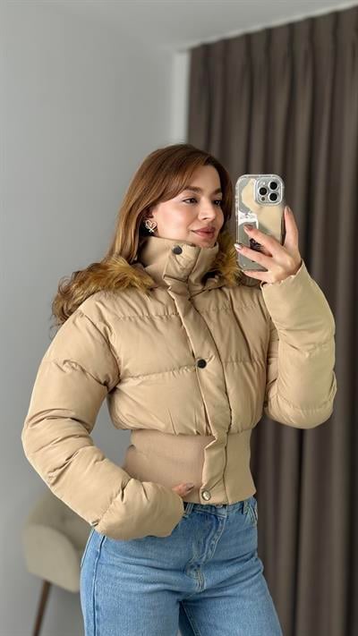 Kadın Vizon Kürk Kapişonlu Beli Lastikli Kısa Boy Şişme Mont