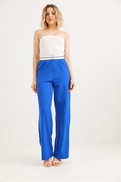 Beli Şeritli Bol Paça Pantolon Saks
