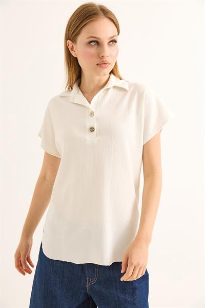 Polo Yaka Oval Kesin Kadın Tshirt Beyaz