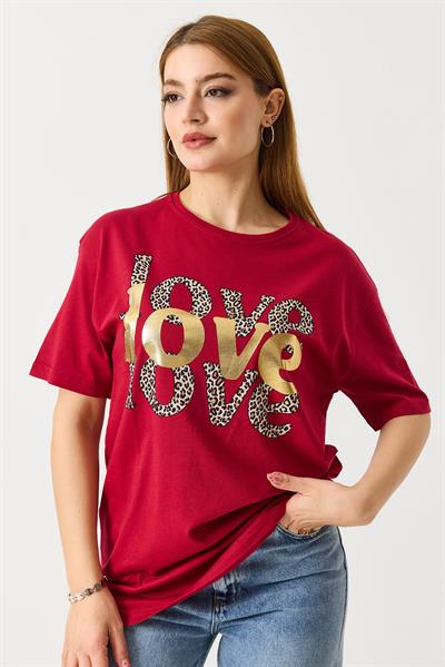 Kadın Bisiklet Yaka Kısa Kol Basic Tshirt Bordo