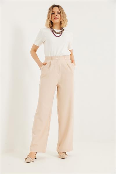 Dökümlü Bol Paça Pantolon Krem
