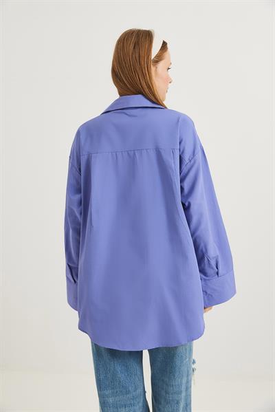 Kalp Nakışlı  Oversize Basic Gömlek Mor