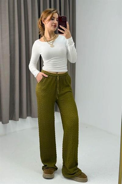 Kadın Bürümcük Salaş Dökümlü Pantalon Yeşil