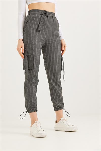  Yanları Cepli  Paça Lastikli Keten Pantolon Füme