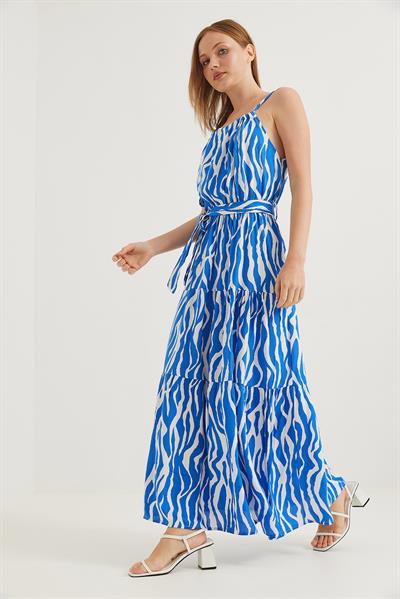 Zebra Halter Yaka Kuşaklı Elbise Mavi