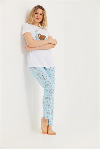 Baskılı Kısa Kol Pijama Takım Beyaz