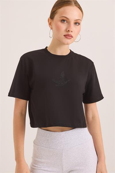 Karikatür Kuş Kabartma Baskılı Örme Crop Tshirt Siyah