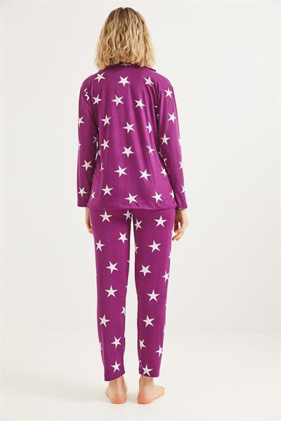 Düğmeli Uzun Kollu Pijama Takımı Mor