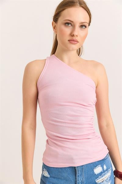 Tek Omuz Esnek Kumaş Bluz Pembe