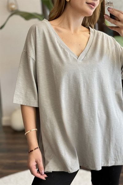 Kadın V Yaka Oversize Salaş Tshirt Gri