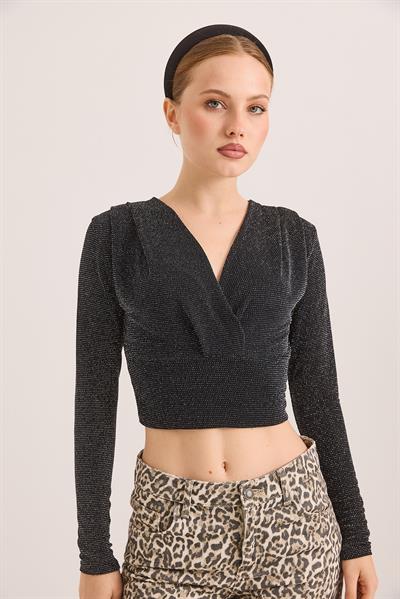 Kruvaze Yaka Simli Crop Bluz Siyah