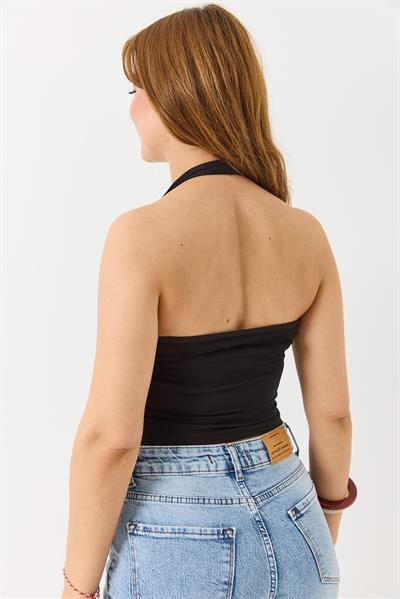 Kadın Boyundan Askılı  Crop Bluz Siyah