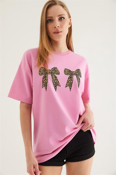 Kurdele Baskı Detaylı Basic Tshirt Pembe