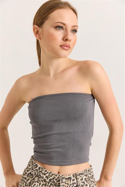 Esnek  Straplez Bluz Gri