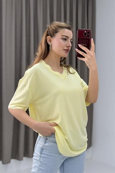 V Yaka Taşlı Yarım Kol T-shirt  Sarı