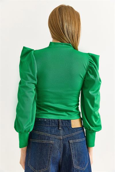 Kadın Hakim Yaka Prenses Kol Örme Bluz Yeşil