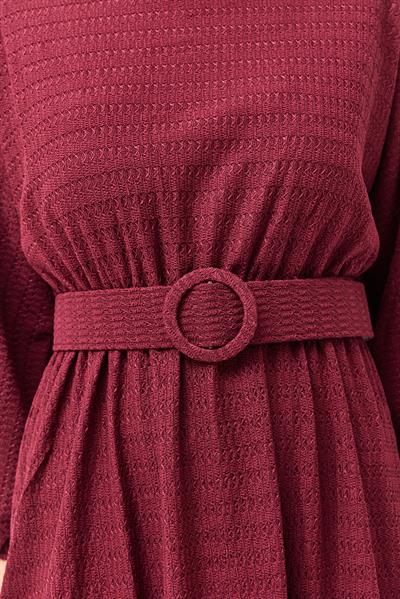 Bel Lastikli Kemerli Yarasa Kol Elbise Bordo 