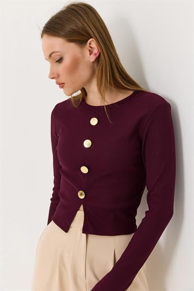 Kadın Yırtmaçlı Düğmeli Kaşkorse Uzun Kollu Bluz Bordo
